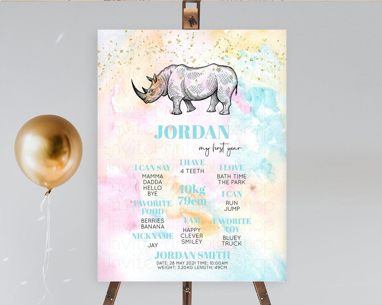Pastel Rhino First Birthday Milestone Board Rhino Milestone Poster Colorful Rainbow Pastel Watercolor 1st Birthday Welcome Sign D10287