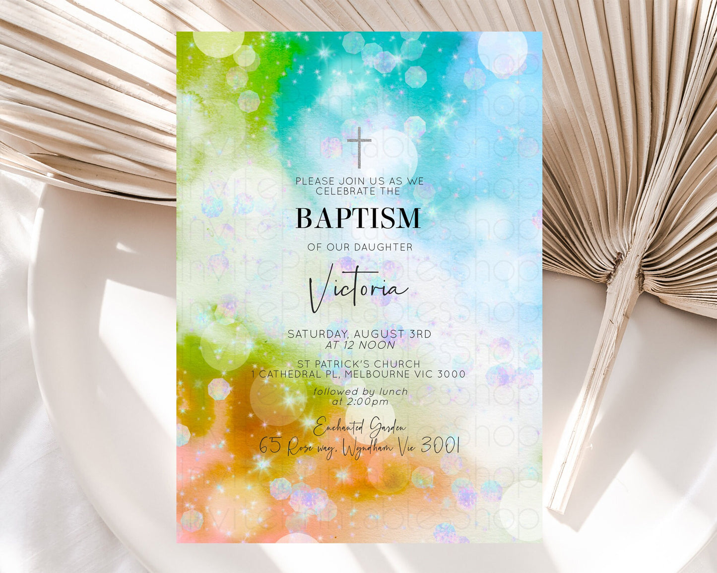 Rainbow Baptism Invitation Colorful Pastel Watercolor Baptism 1st Birthday Invitation Iridescent Glitter Sprinkles Ombre Christening D10692