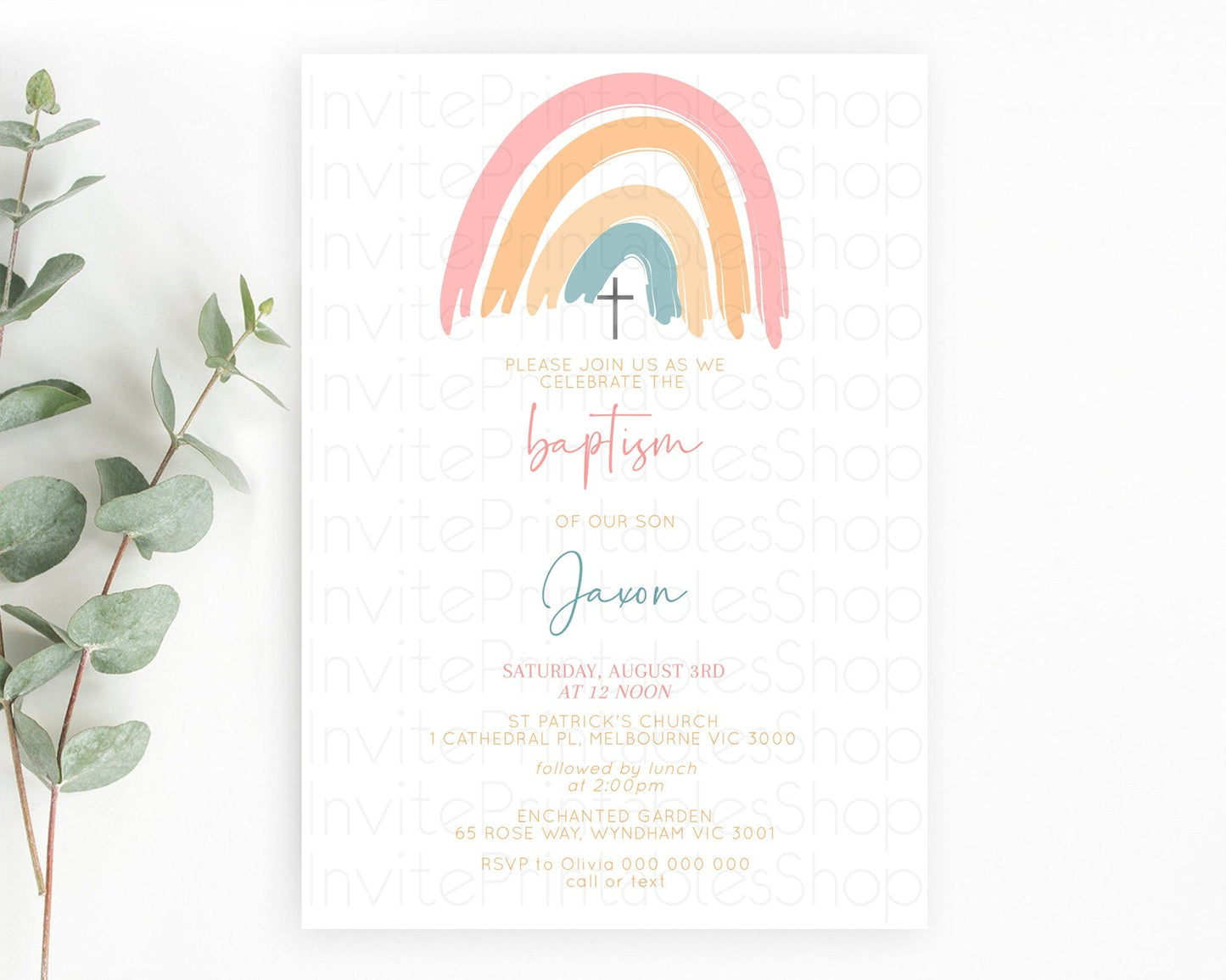 Pastel Rainbow Baptism Invitation Boho Rainbow Baptism 1st Birthday Invitation Rainbow Pastel Watercolor Christening Invitation D10351