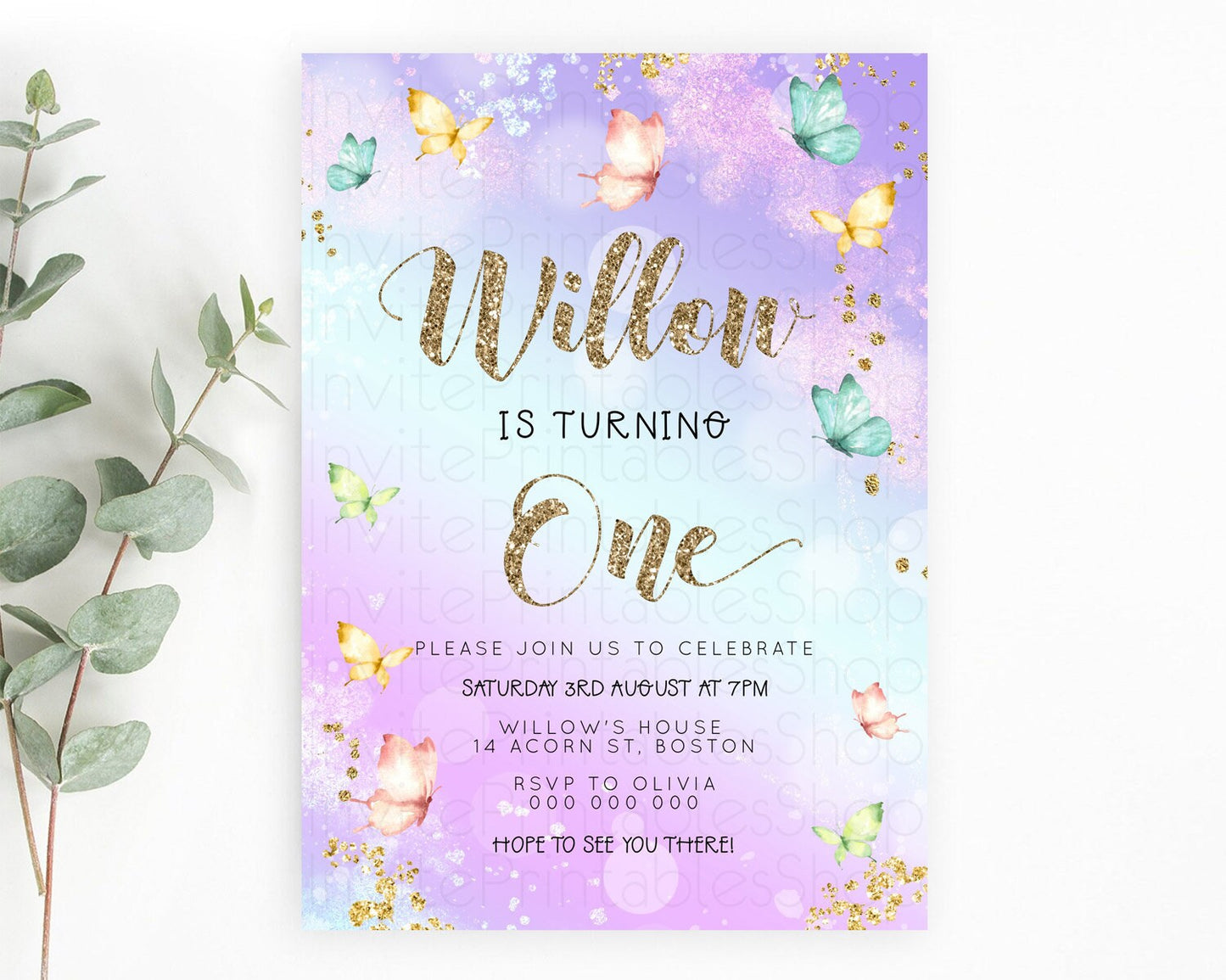 Pastel Butterfly Birthday Invitation Butterfly Birthday Invitation Colorful Splash Glitter Butterfly Garden 1st 2nd Birthday D23094