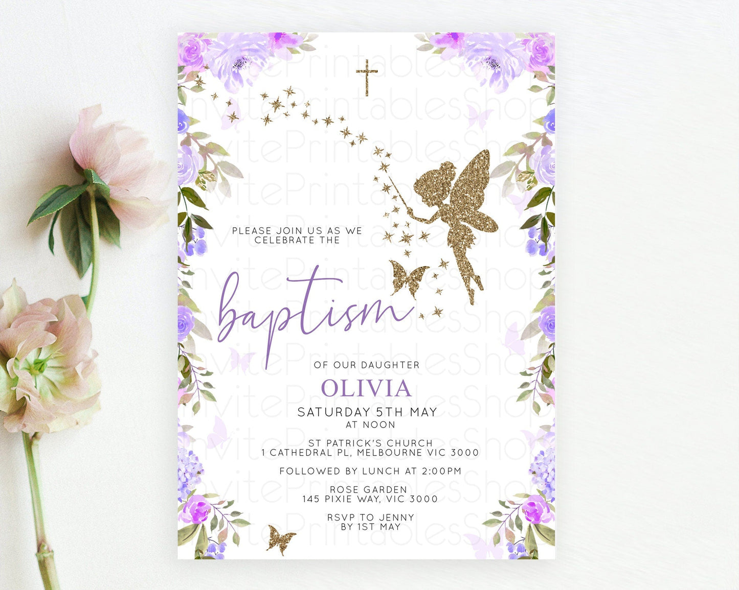 Fairy Baptism Invitation Fairy Baptism 1st Birthday Invitation Enchanted Secret Garden Christening Invite Pastel Floral Butterfly D10910
