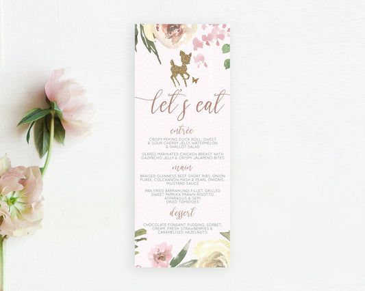 Editable Fawn Menu Deer Menu Template Pastel Floral Deer Table Decor Enchant
