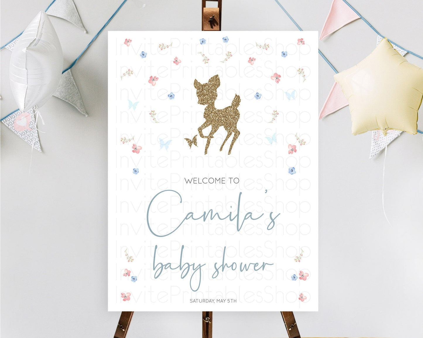 Fawn Baby Shower Welcome Sign Deer Welcome Board Floral Deer Welcome Poster Enchanted Forest Butterfly Pastel Floral Welcome Sign D10359