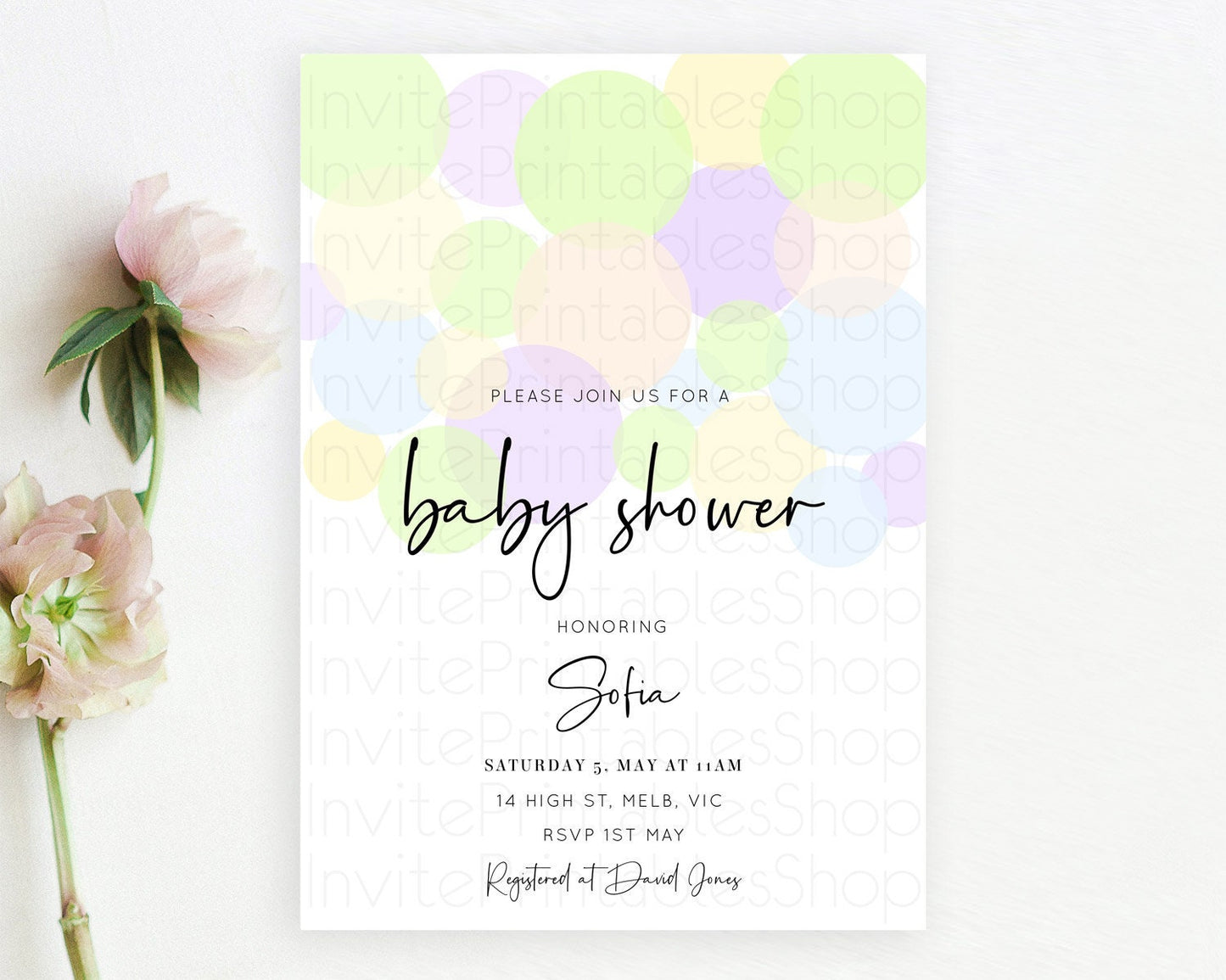 Pastel Rainbow Baby Shower Invitation Pastel Confetti Invitation Sprinkles Bubbles Invitation Colorful Rainbow Confetti Theme D10228