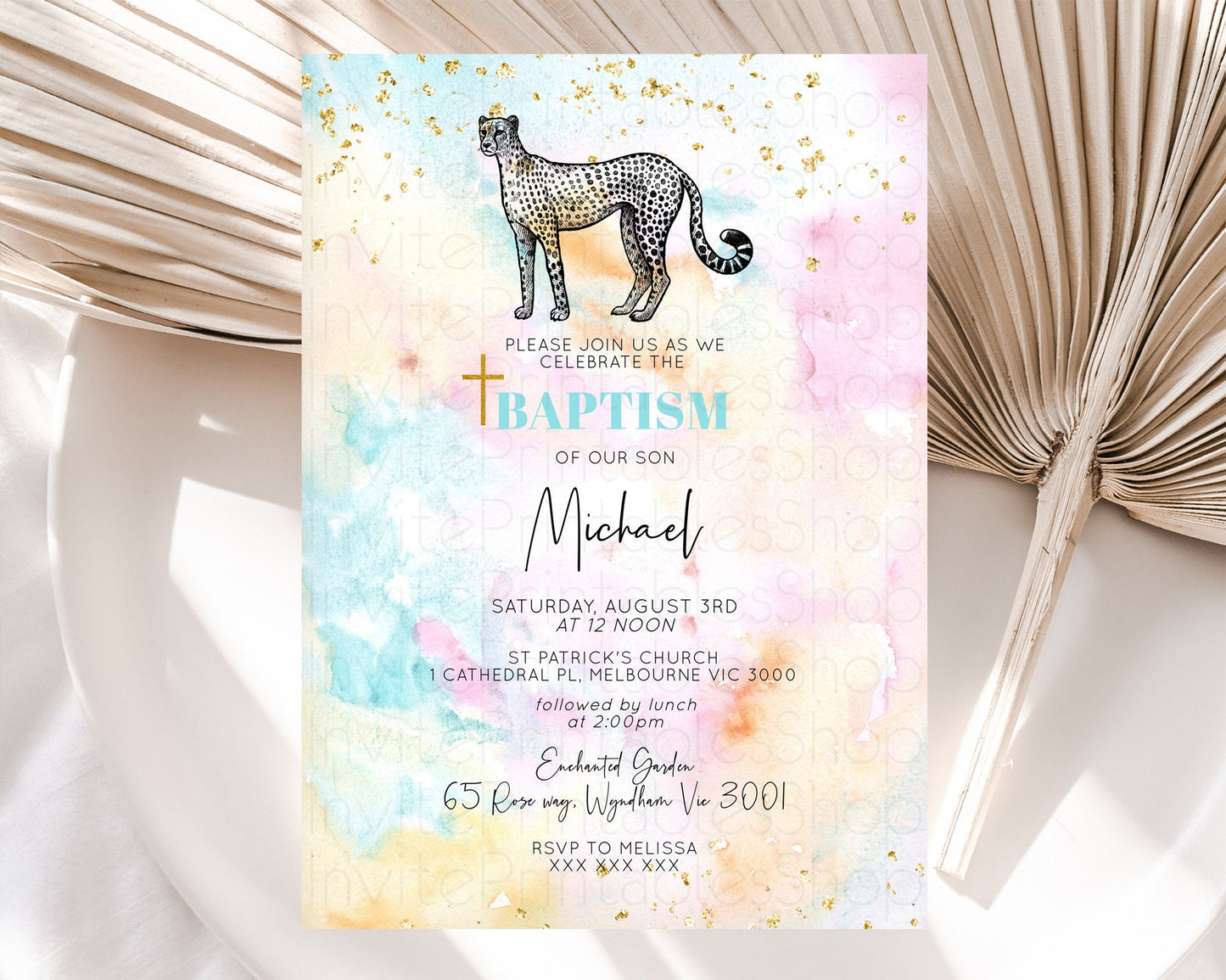 Cheetah Baptism Invitation Cheetah Baptism 1st Birthday Invitation Cheetah Pastel Watercolor Christening Invitation Rainbow Cheetah D10289