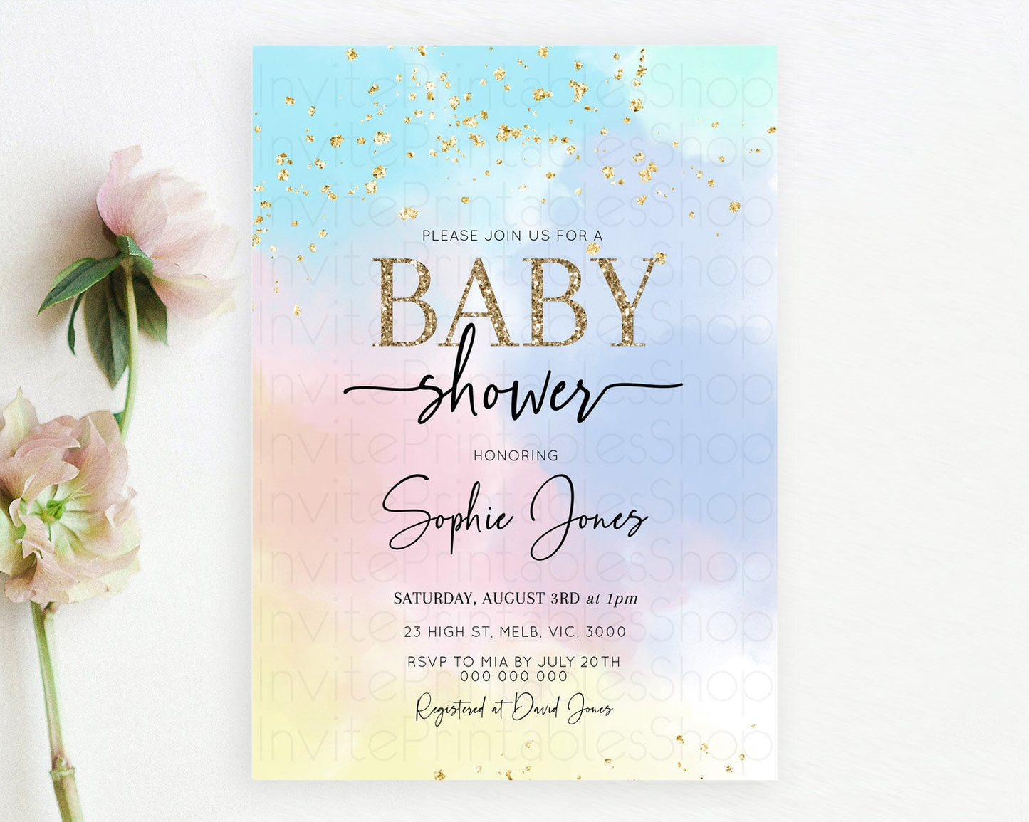 Pastel Baby Shower Invitation Rainbow Baby Shower Invitation Colorful Pastel Watercolor Invitation Gold Glitter Sprinkles Ombre D10368