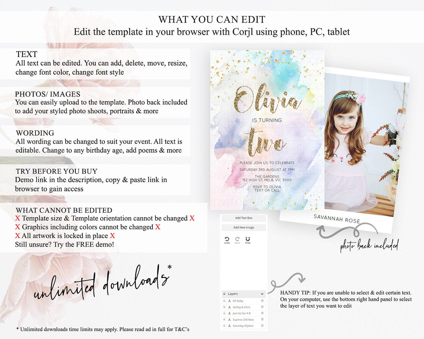 Rainbow Birthday Invitation Colorful Pastel Watercolor Invitation Gold Glitter Sprinkles Ombre Pastel 1st 2nd 3rd Birthday D10421