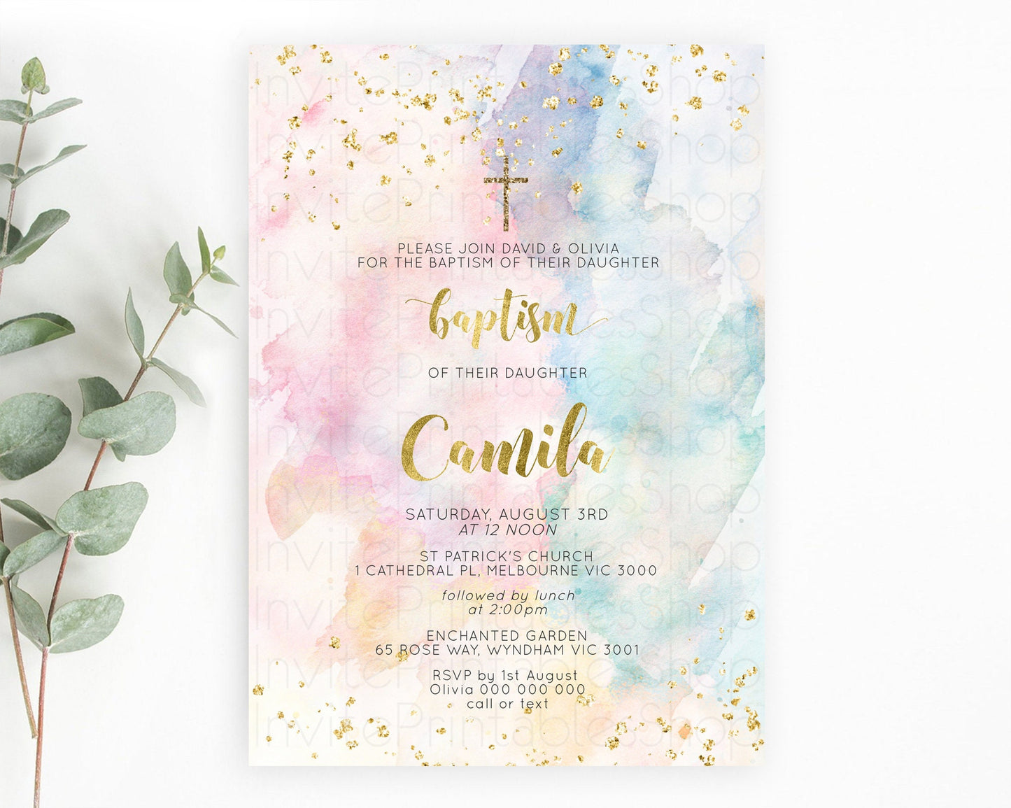 Pastel Baptism Invitation Pastel Colors Watercolor Baptism 1st Birthday Party Gold Ombre Pastel Rainbow Christening Holy Communion D10265