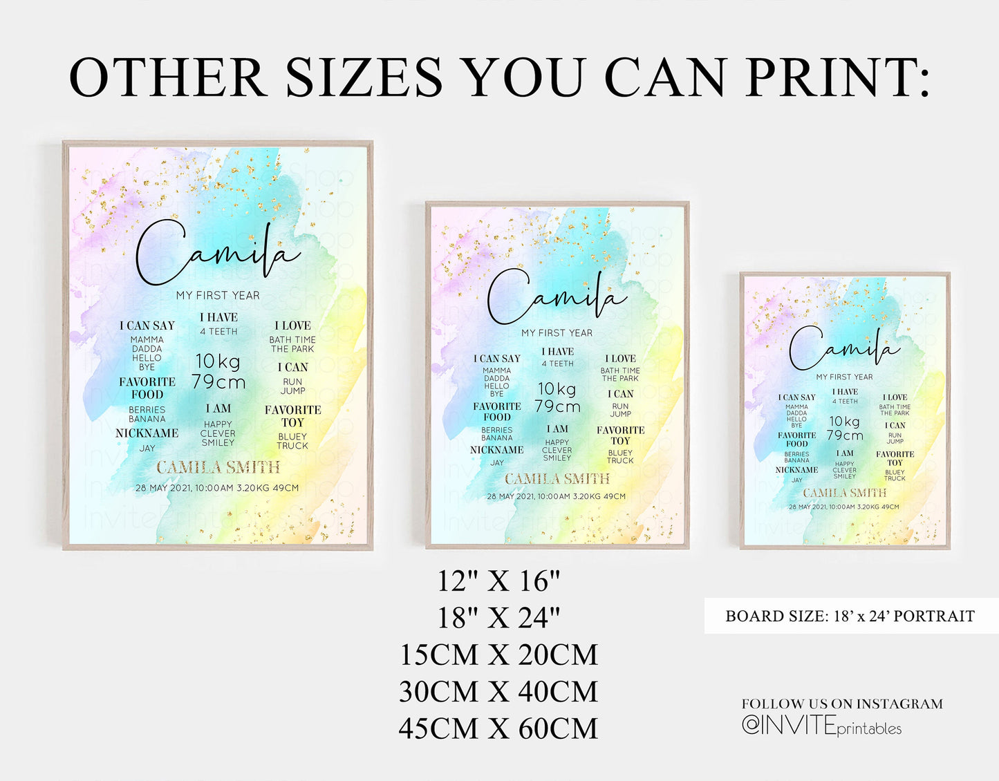 Pastel First Birthday Milestone Board Pastel Rainbow Milestone Poster Watercolor Glitter One Year Poster Colorful Splash Baby 1st Year 146
