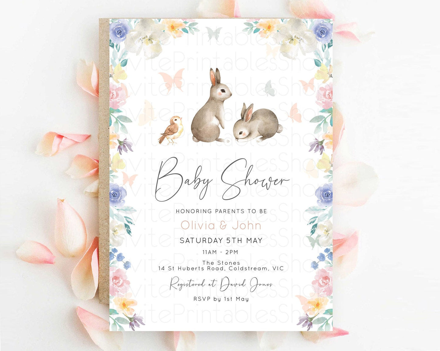 Bunny Baby Shower Invitation: Secret Garden, Enchanted Garden, Pastel Watercolor Woodland - Pink Blue White Flowers and Butterflies D10928