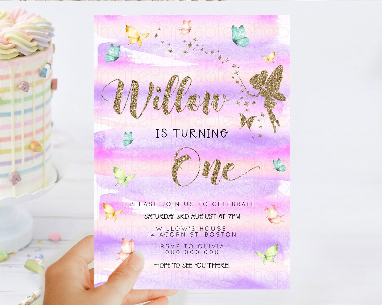 Pastel Fairy Birthday Invitation Pastel Butterflies Fairy Birthday Invitation Rainbow Ombre Watercolor 1st 2nd Birthday Invitation D23313