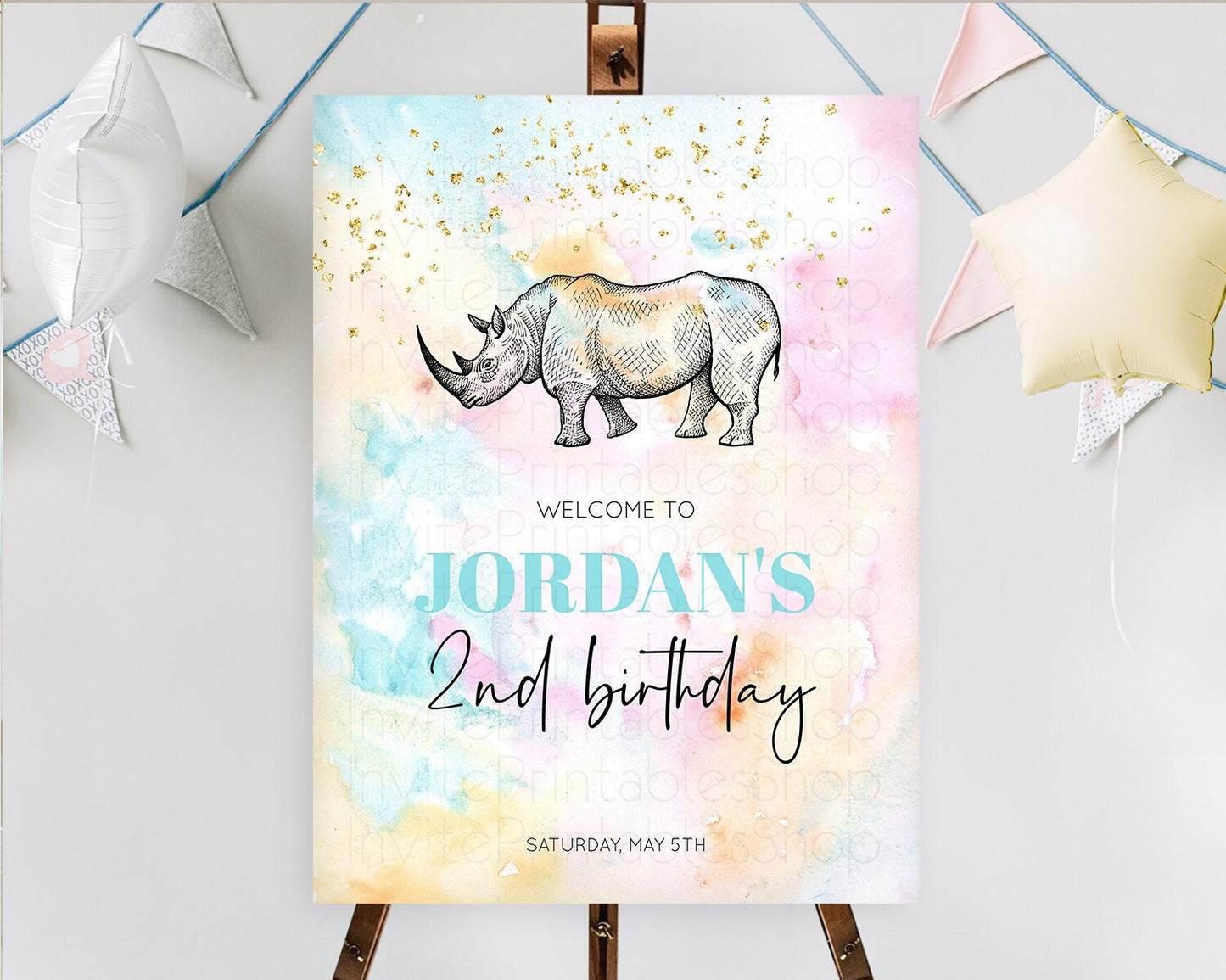 Pastel Rhino Welcome Sign Rainbow Rhino Welcome Board Colorful Rainbow Pastel Confetti Watercolor First Birthday Welcome Sign D10287