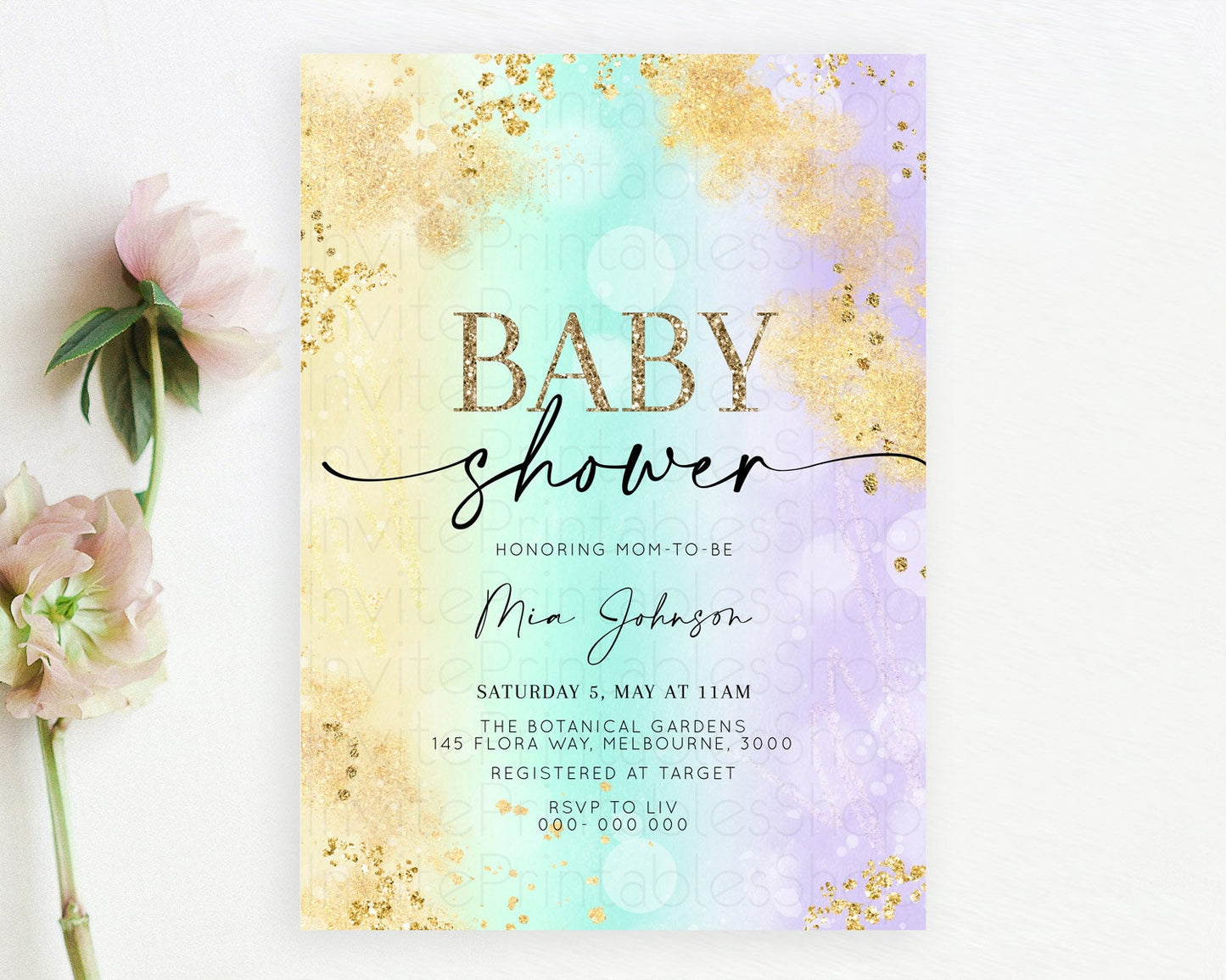 Pastel Baby Shower Invitation Rainbow Baby Shower Invitation Colorful Pastel Watercolor Invitation Gold Glitter Sprinkles Ombre D10672