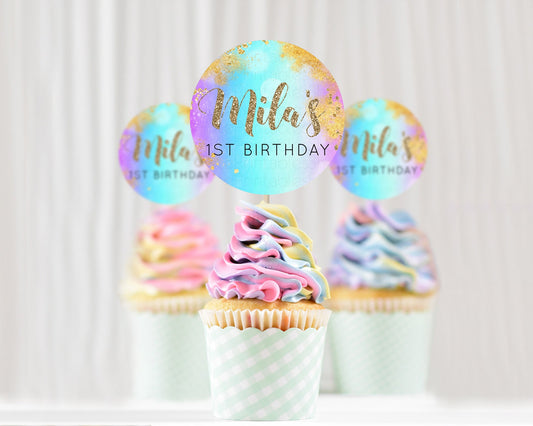 Editable Rainbow Cupcake Toppers Pastel Cupcake Toppers Colorful Pastel Wate