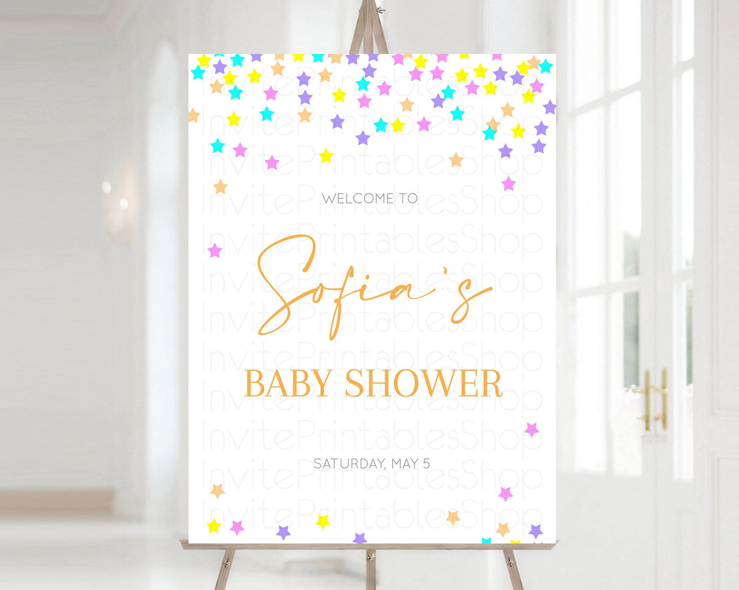 Star Baby Shower Welcome Board Pastel Stars Welcome Sign Shooting Star Rainbow Colorful Confetti Twinkle Little Star Welcome Sign D10397