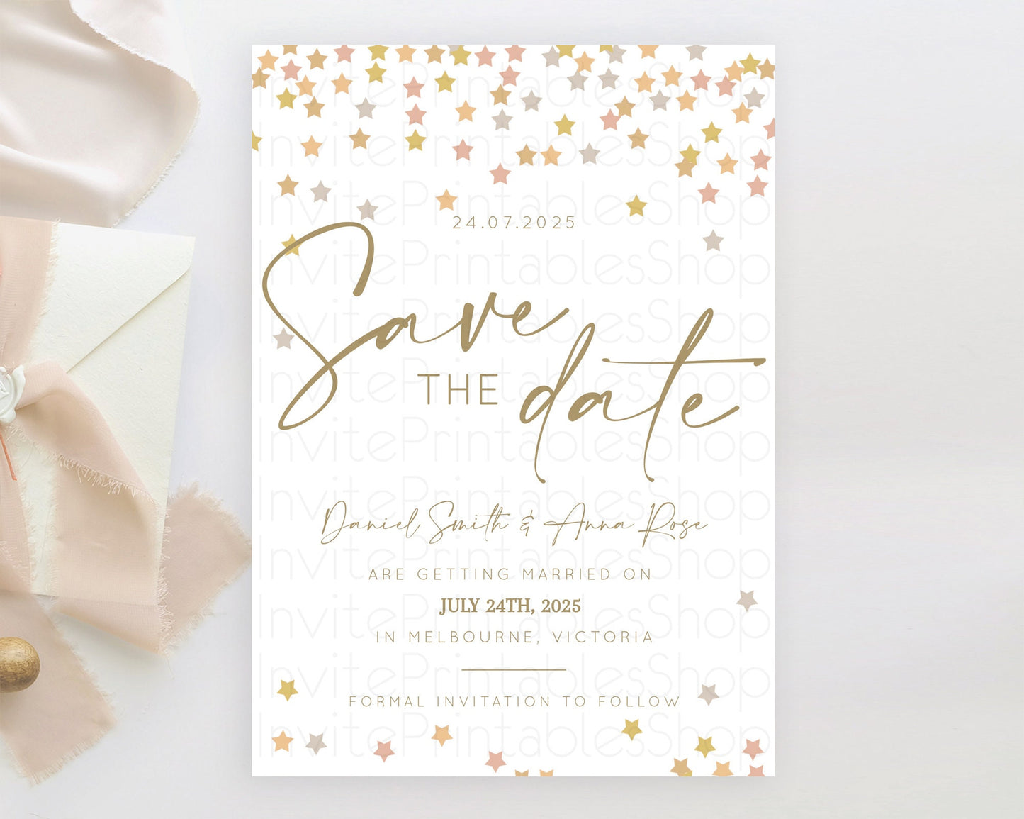 Twinkle Stars Save The Date Template Pastel Twinkle Little Star Party Shooting Star Confetti Sprinkles Birthday Baptism Baby Shower D10342