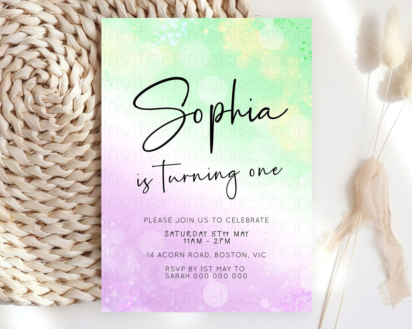 Pastel Birthday Invitation Ombre Watercolor Birthday Invitation Glitter Rainbow Color Splash 1st 2nd 3rd Birthday Invitation D23103