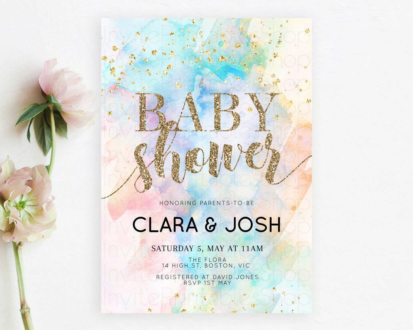 Pastel Rainbow Baby Shower Invitation, Pastel Watercolor, Colorful Ombre Splash with Gold Glitter - Teal Blue, Orange, Yellow Pink D10261