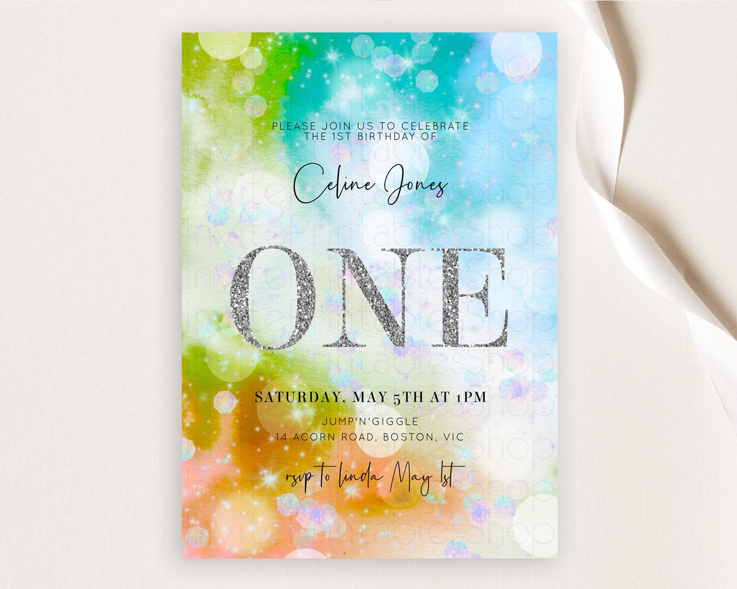 Rainbow Birthday Invitation Colorful Pastel Watercolor Silver Glitter Sprinkles Ombre Pastel Invitation 1st 2nd 3rd First Birthday D10692