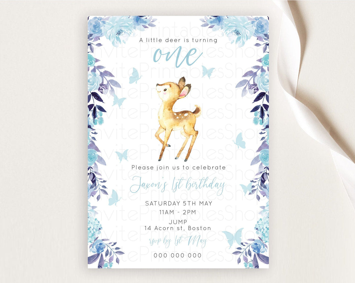 Fawn Birthday Invitation Deer Birthday Invitation Enchanted Forest Party Butterfly Pastel Flowers Whimsical 2nd 1st First Birthday D10917