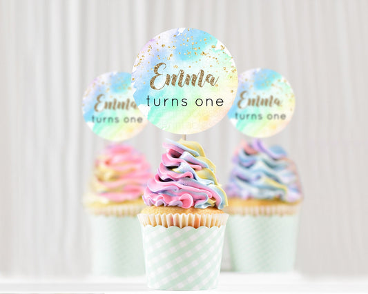 Editable Rainbow Cupcake Toppers Pastel Cupcake Toppers Colorful Pastel Wate