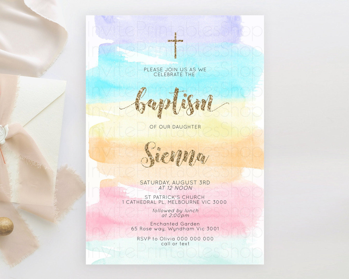 Pastel Baptism Invitation Pastel Colors Watercolor Baptism 1st Birthday Party Gold Ombre Pastel Rainbow Christening Holy Communion D10508