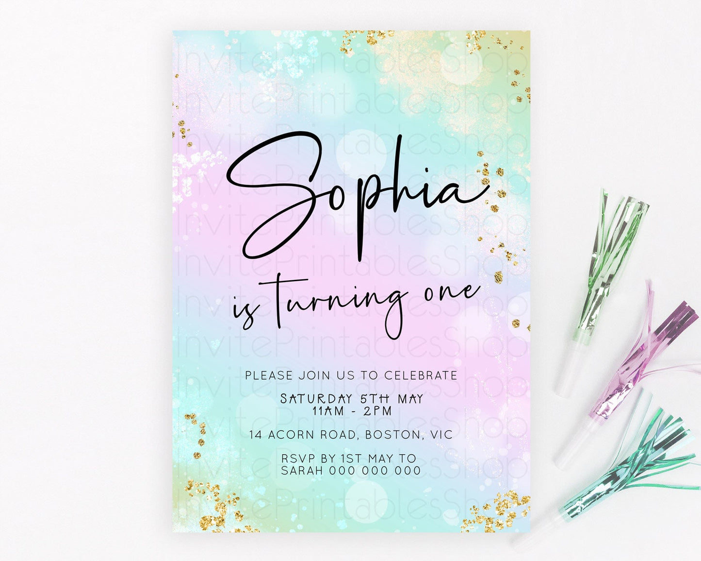 Pastel Birthday Invitation Ombre Watercolor Birthday Invitation Glitter Rainbow Color Splash 1st 2nd 3rd Birthday Invitation D23108