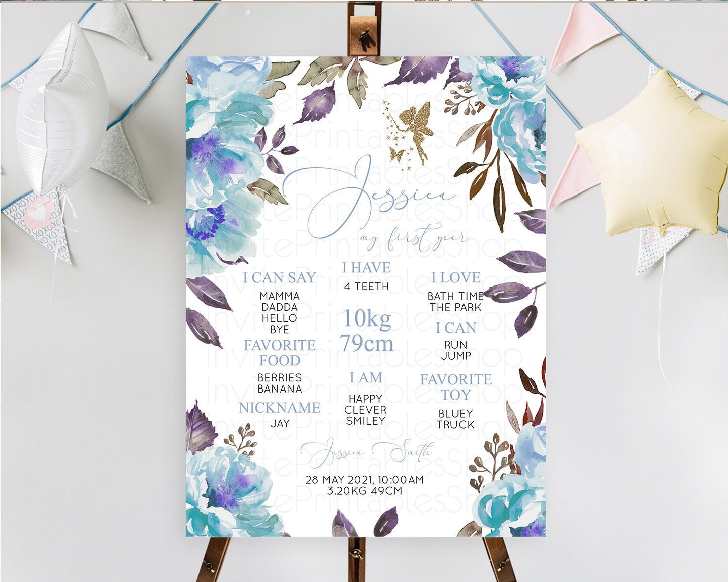 Fairy First Birthday Milestone Poster Fairy Secret Garden Milestone Board Enchanted Garden Pastel Floral Butterfly 1st Birthday Sign D10728