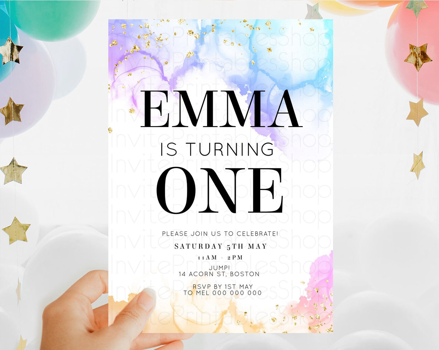 Rainbow Birthday Invitation Colorful Pastel Watercolor Invitation Gold Glitter Sprinkles Ombre Pastel 1st 2nd 3rd Birthday D11018