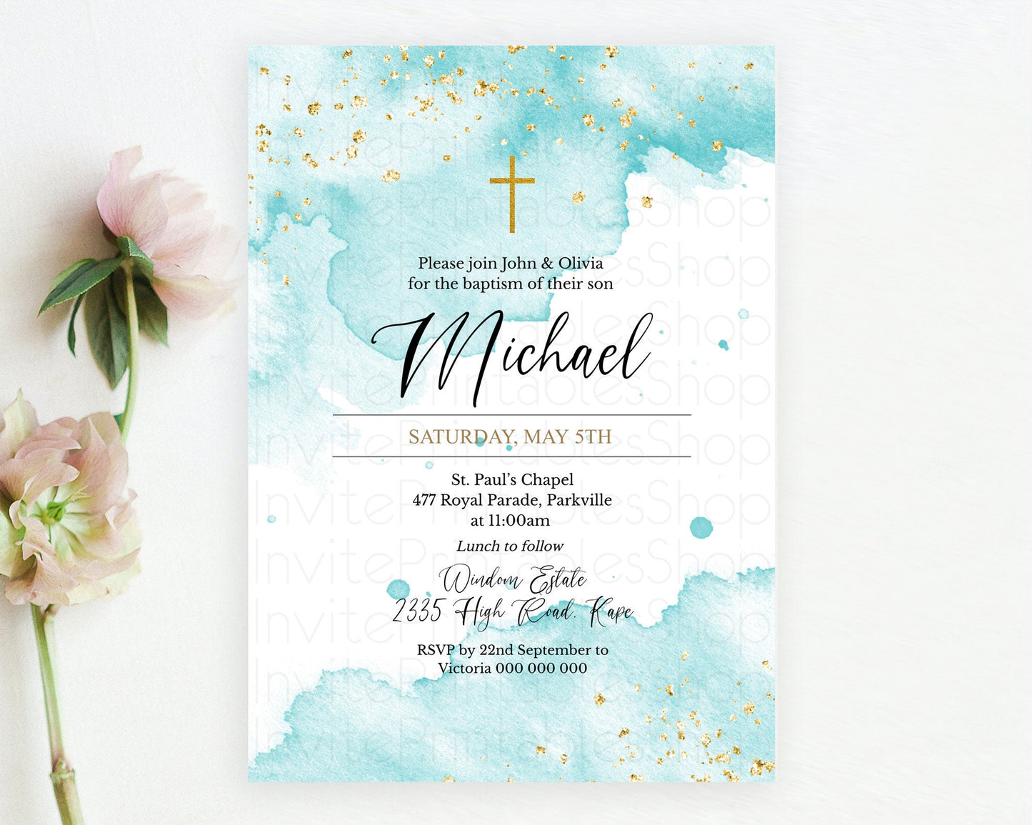 Blue Baptism Invitation Blue Watercolor Baptism 1st Birthday Invitation Pastel Blue Watercolor Christening Invite Blue Splash D10329