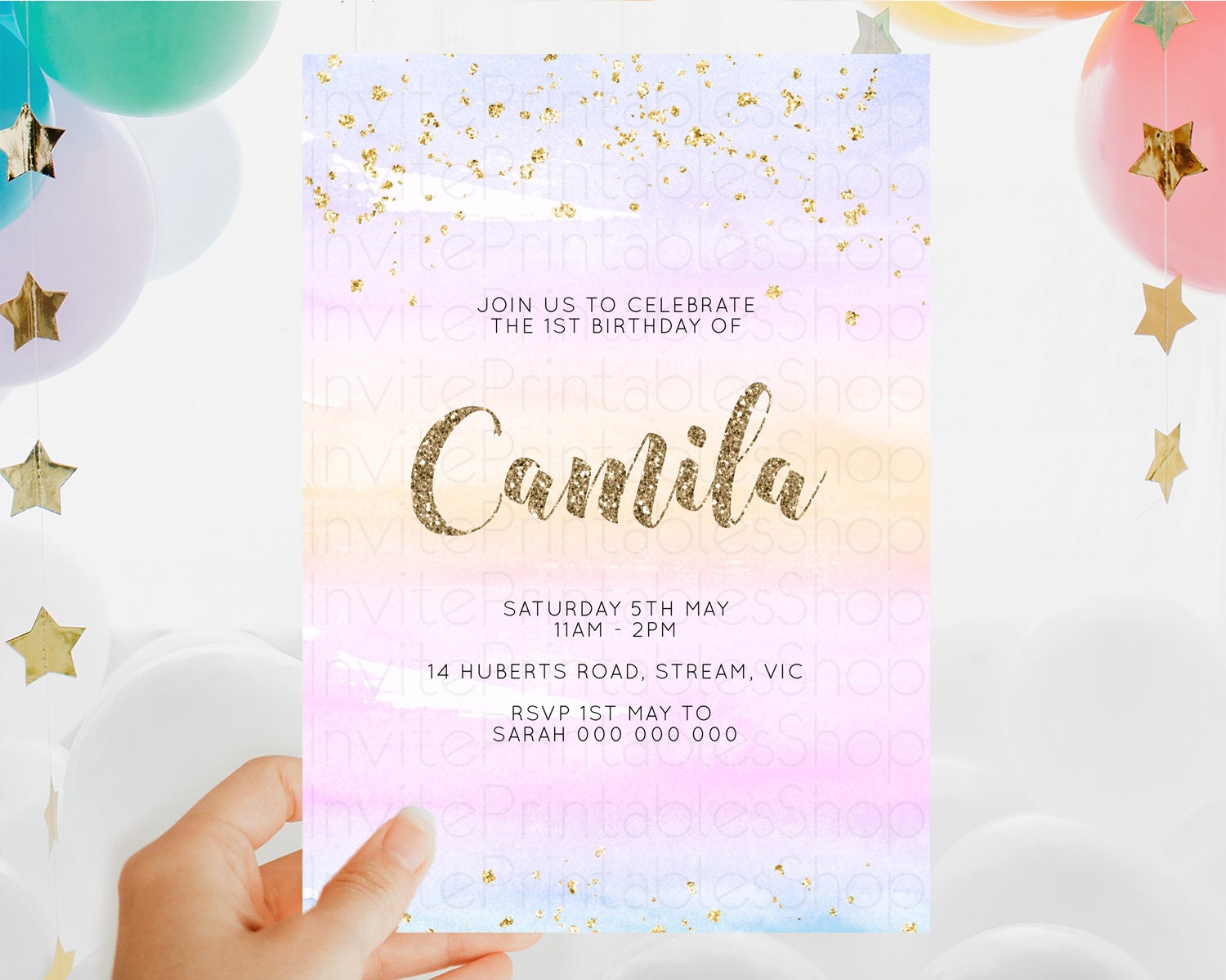 Editable Rainbow Birthday Invitation Colorful Pastel Watercolor Invitation G