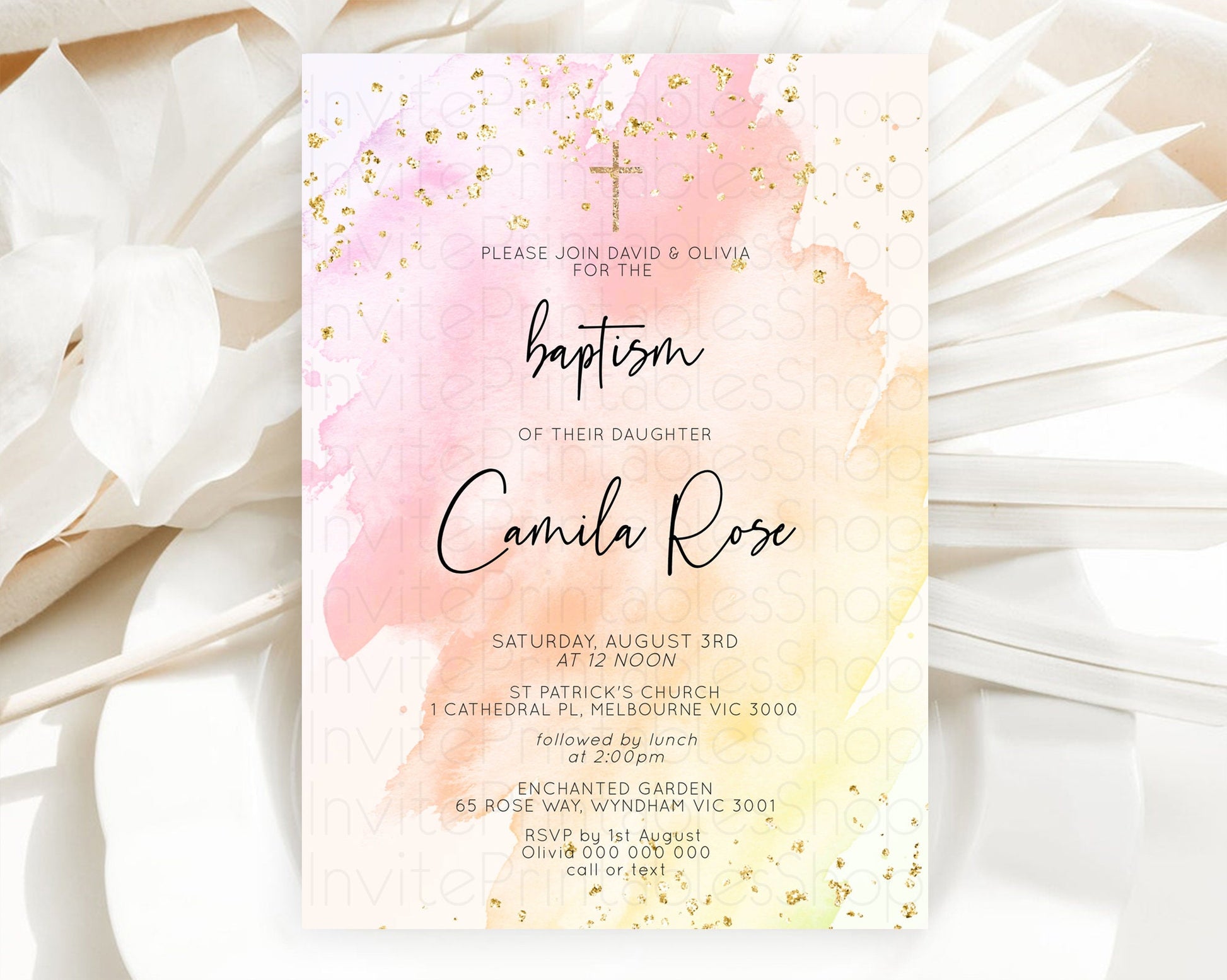 Editable Pink Baptism Invitation Pink Watercolor Baptism 1st Birthday Invita
