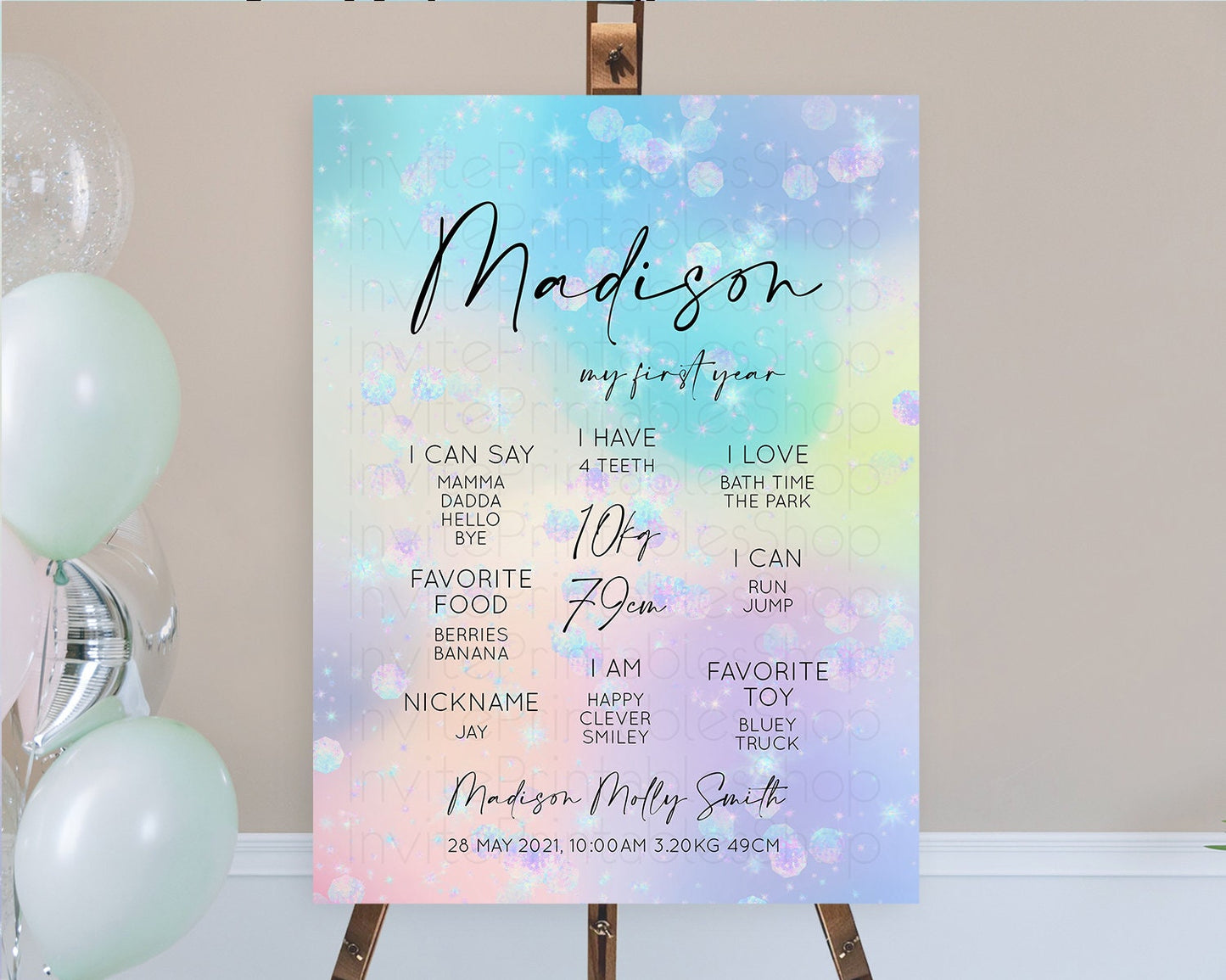 Rainbow First Birthday Milestone Poster Colorful Pastel Watercolor Iridescent Sprinkles Ombre Pastel Milestone Board First Birthday D10665