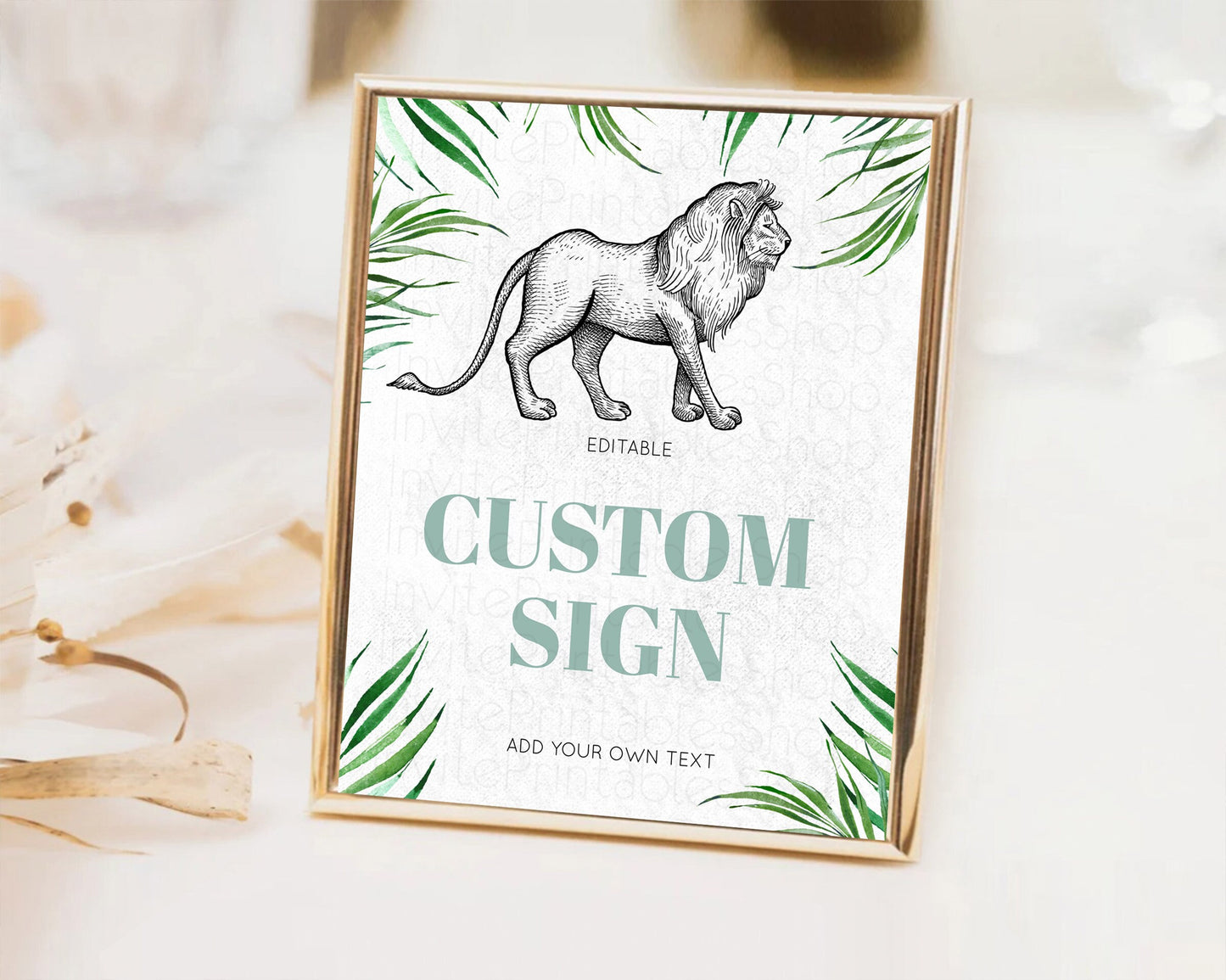 Editable Lion Table Sign Decor Lion Safari Adventure Party Dried Palm Ferns