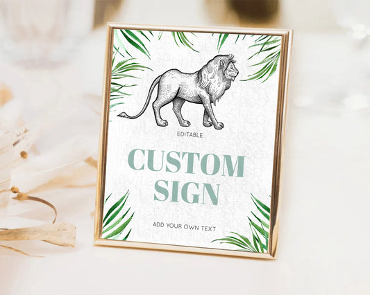 Editable Lion Table Sign Decor Lion Safari Adventure Party Dried Palm Ferns