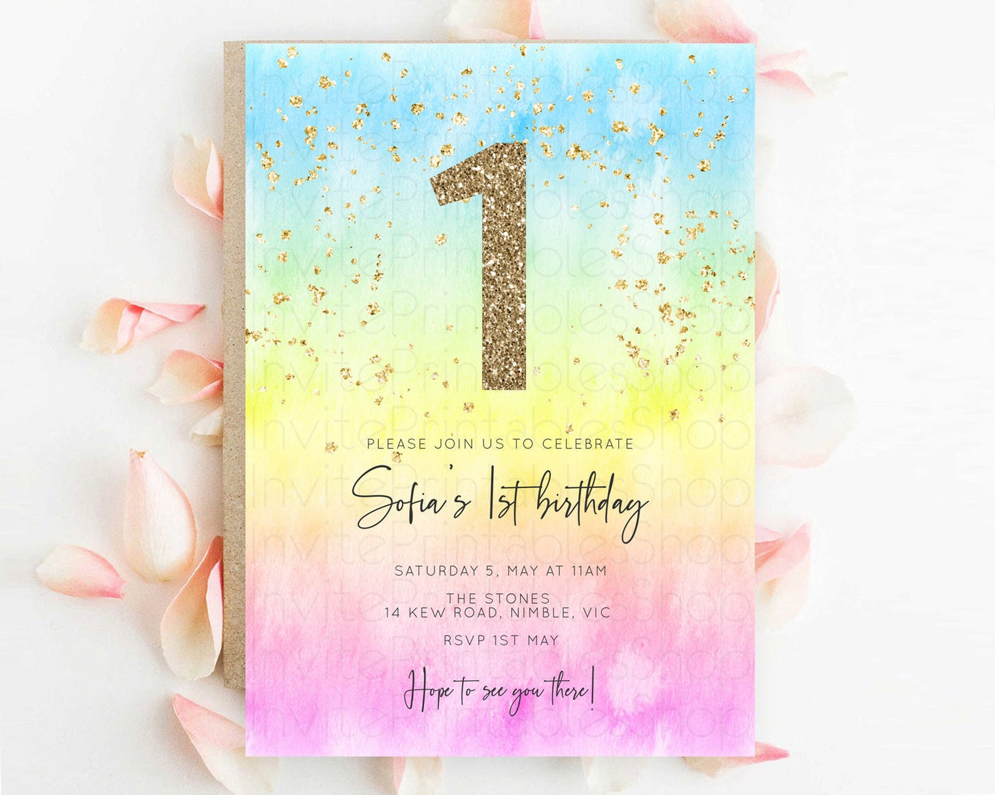 Rainbow Birthday Invitation Colorful Pastel Watercolor Invitation Gold Glitter Sprinkles Ombre Pastel 1st 2nd 3rd Birthday D10480