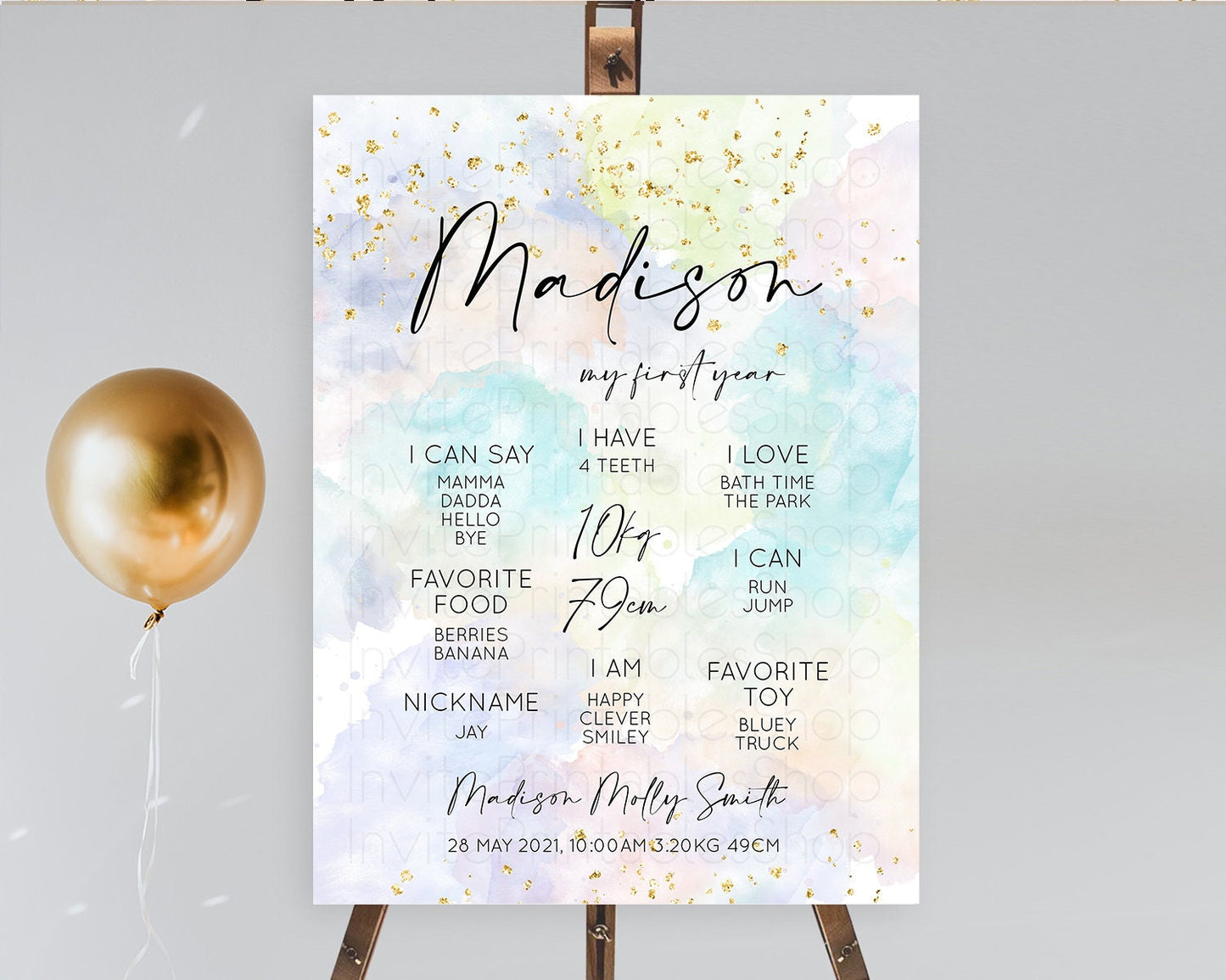 Pastel First Birthday Milestone Board Pastel Rainbow Milestone Poster Colorful Confetti Watercolor Glitter 1st Birthday Welcome Sign D10613