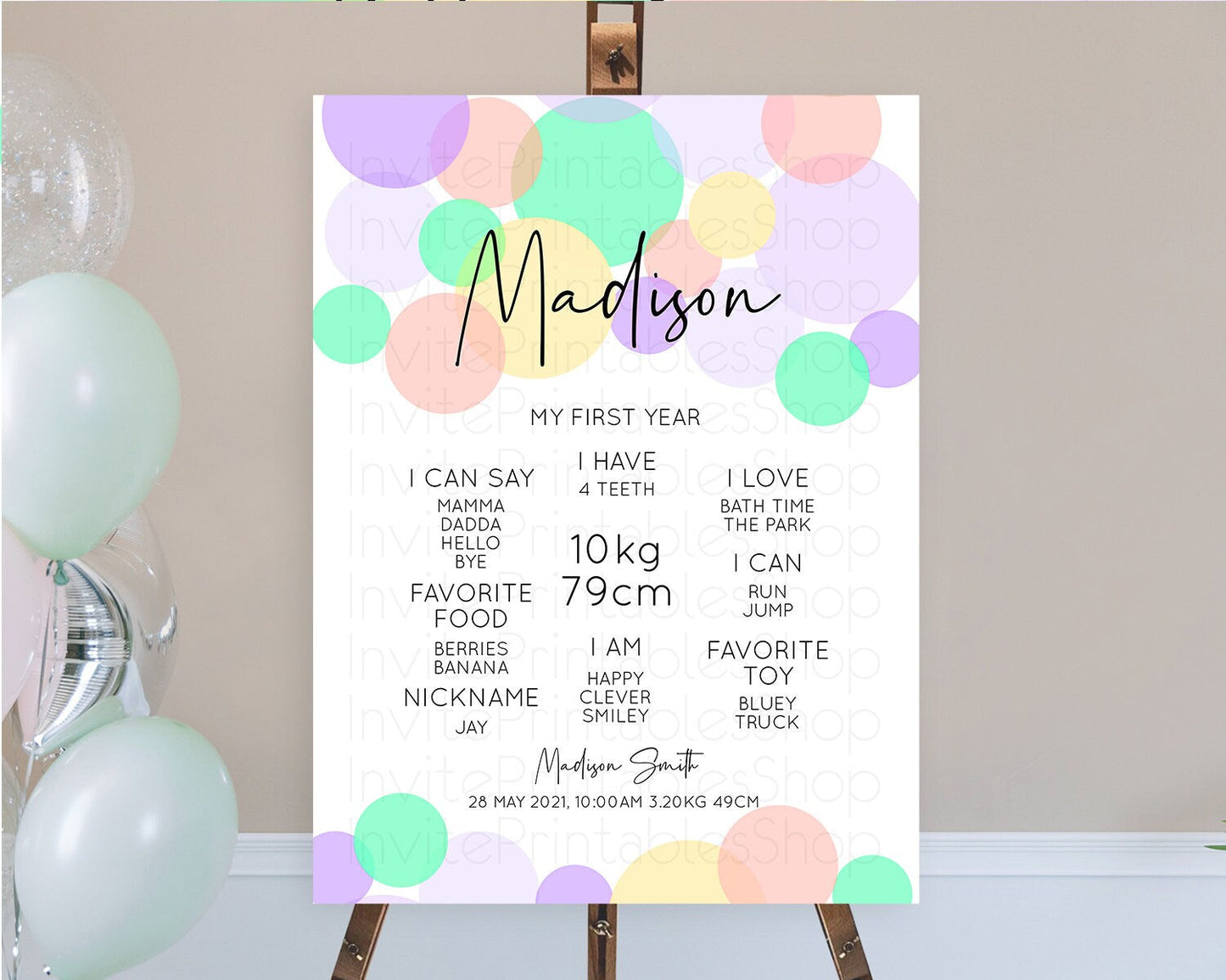 Pastel First Birthday Milestone Poster Pastel Rainbow Confetti First Birthday Milestone Board Colorful Bubbles Birthday Welcome Sign D10380