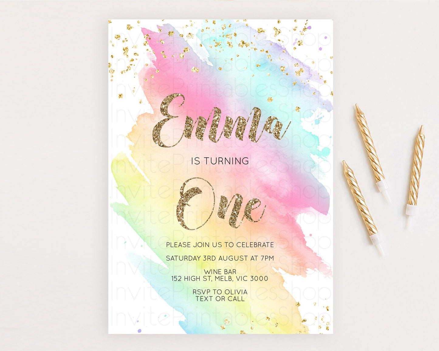 Rainbow Birthday Invitation Colorful Pastel Watercolor Invitation Gold Glitter Sprinkles Ombre Pastel 1st 2nd 3rd Birthday D10495