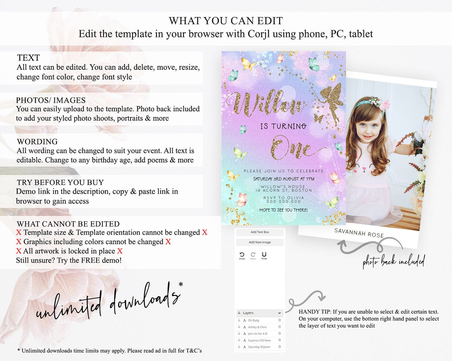 Pastel Fairy Birthday Invitation Pastel Butterflies Fairy Birthday Invitation Rainbow Ombre Watercolor 1st 2nd Birthday Invitation D23163