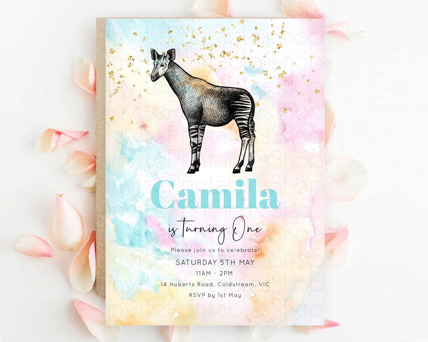 Okapi Birthday Invitation Okapi Invitation Okapi Birthday Pastel Watercolor Okapi Invitation Rainbow Okapi Invitation D10282