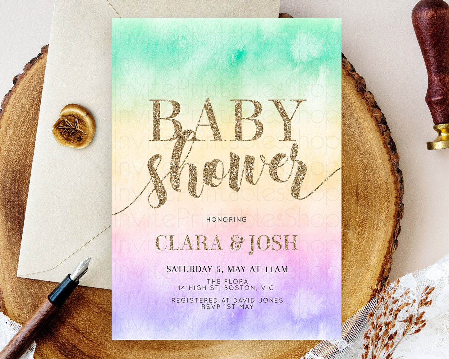 Pastel Baby Shower Invitation Rainbow Baby Shower Invitation Colorful Pastel Watercolor Invitation Gold Glitter Sprinkles Ombre D10478