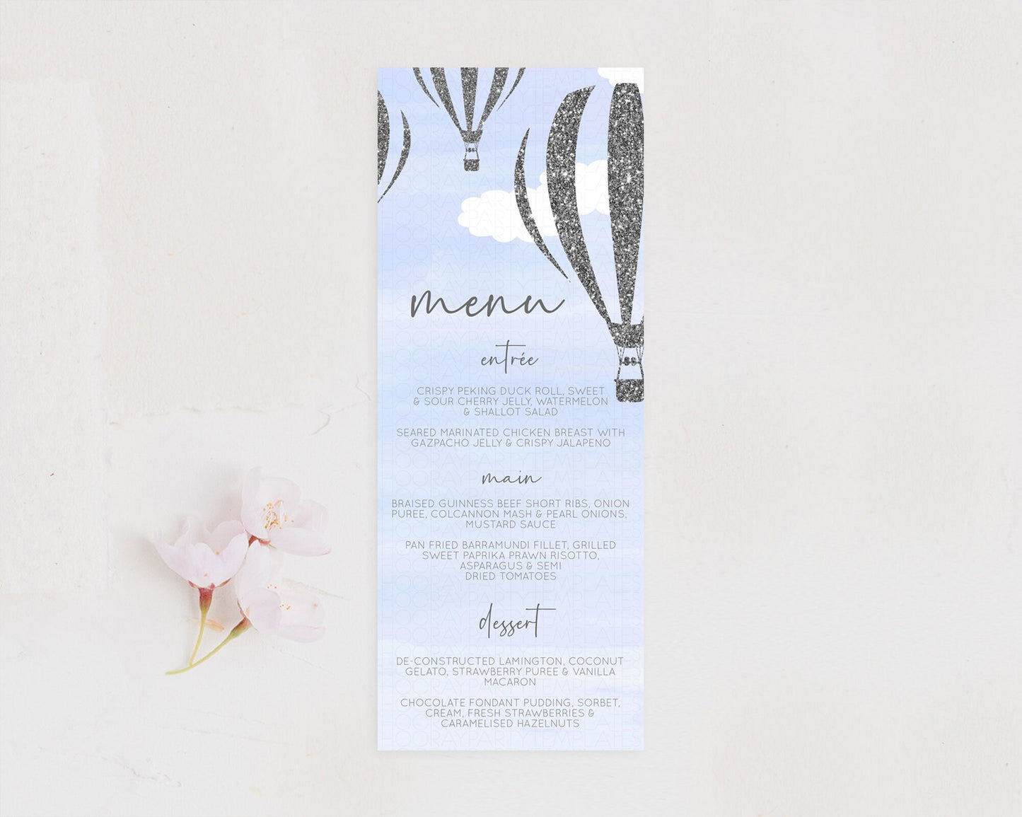 Hot Air Balloon Menu Hot Air Balloon Menu Template Hot Air Balloon Table Decor Adventure Awaits Dinner Dessert Party Food Menu D10334