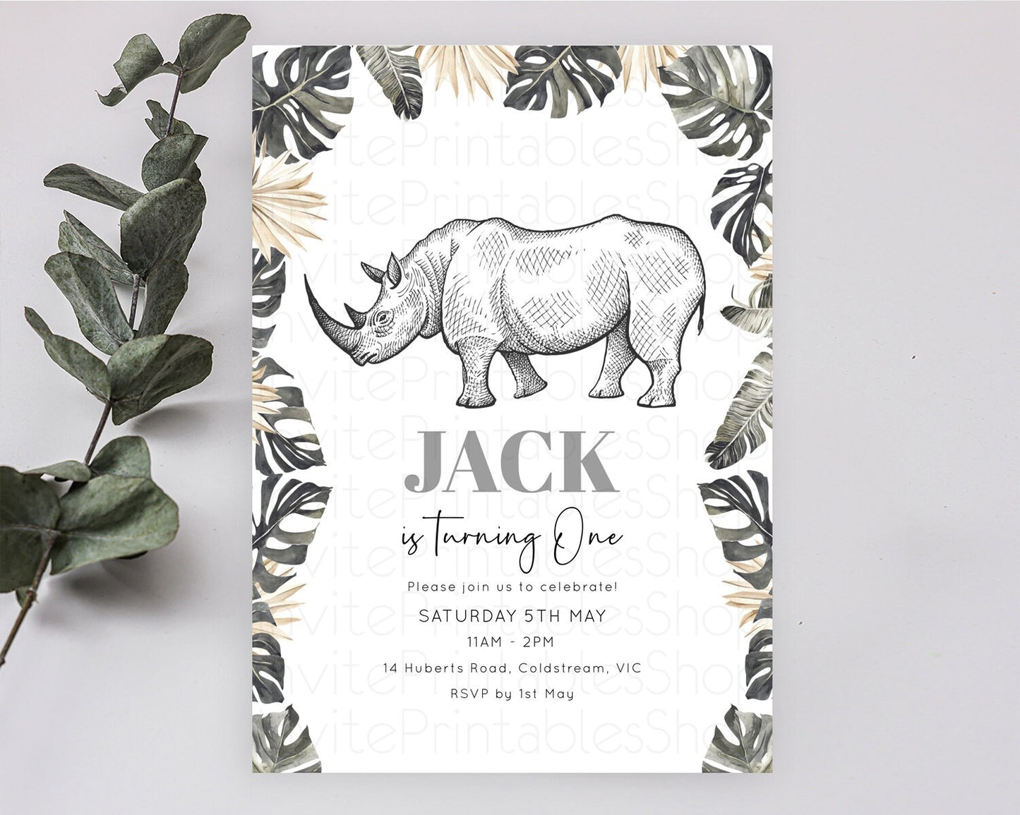 Rhino Birthday Invitation Rhino Invitation Rhino Birthday Rhino Safari Adventure Invite Rhino Palm Leaf Invite Zoo Party D10826