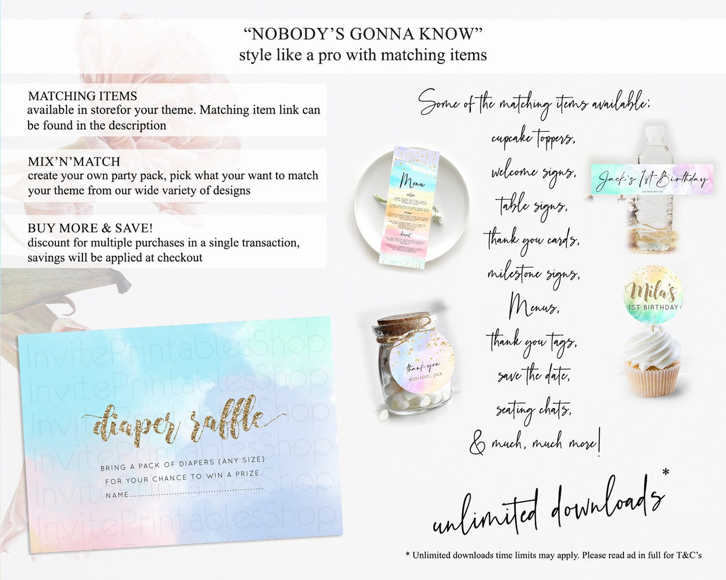 Pastel Diaper Raffle Card Pastel Rainbow Diaper Raffle Insert Colorful Ombre Watercolor Diaper Ticket Confetti Glitter Raffle Game D10378