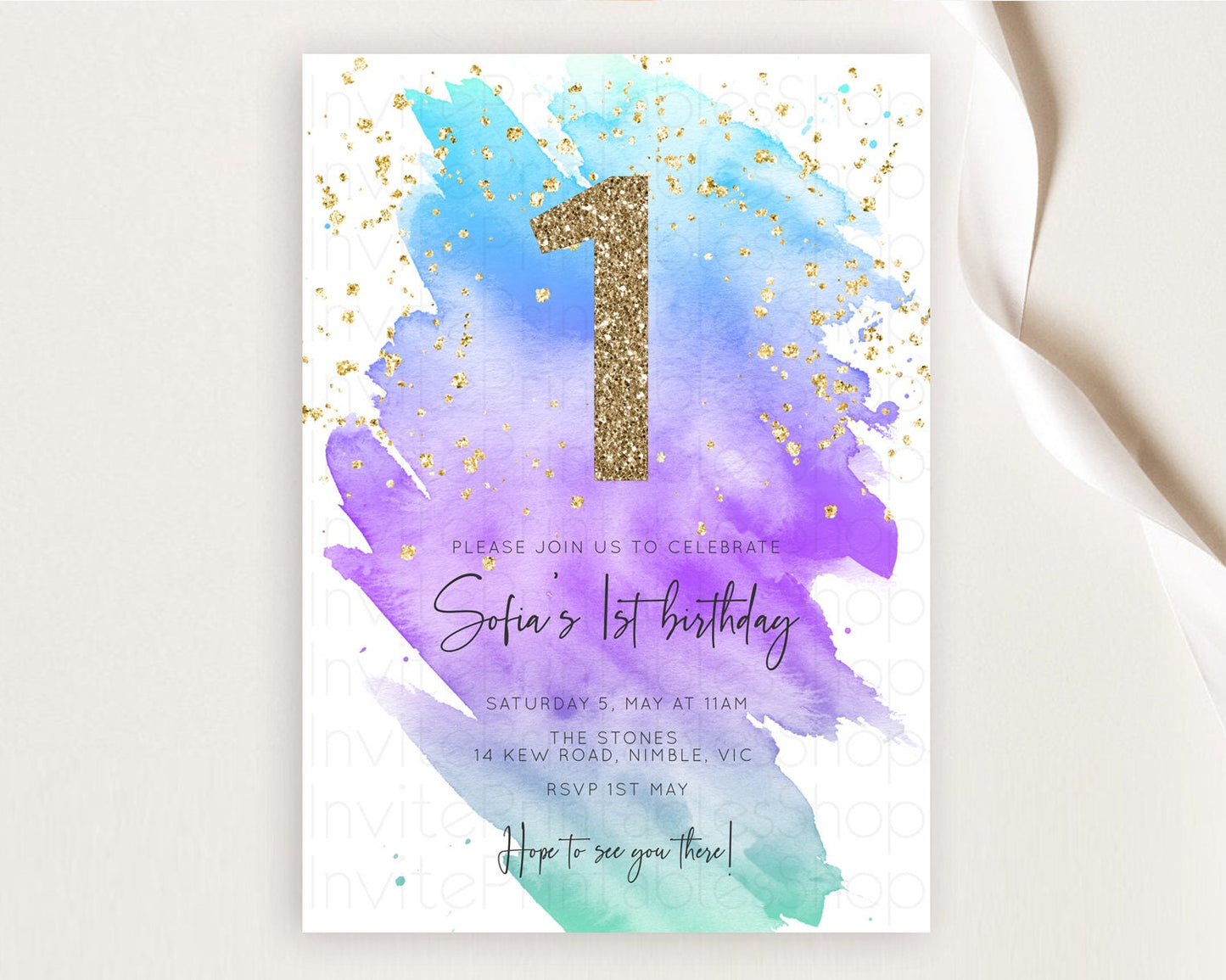 Rainbow Birthday Invitation Colorful Pastel Watercolor Invitation Gold Glitter Sprinkles Ombre Pastel 1st 2nd 3rd Birthday D10491