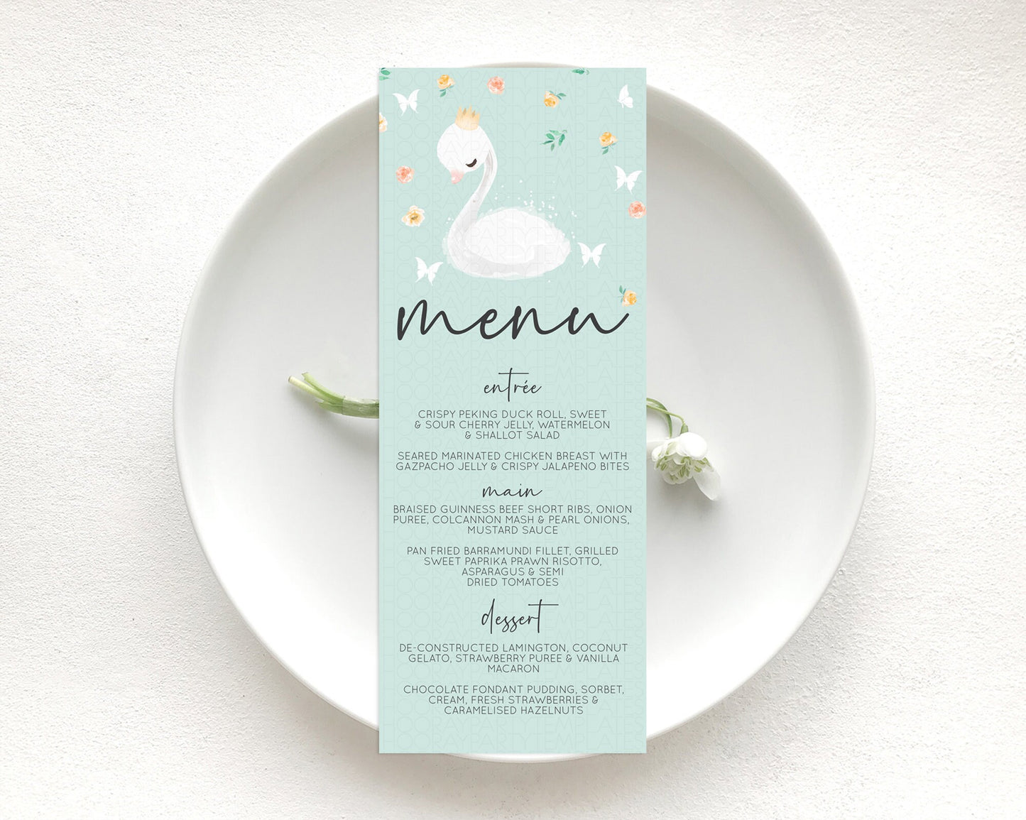 Swan Menu Swan Princess Ballet Menu Template Enchanted Swan Lake Table Decor Secret Garden Pastel Floral Dinner Dessert Food Menu  D10905