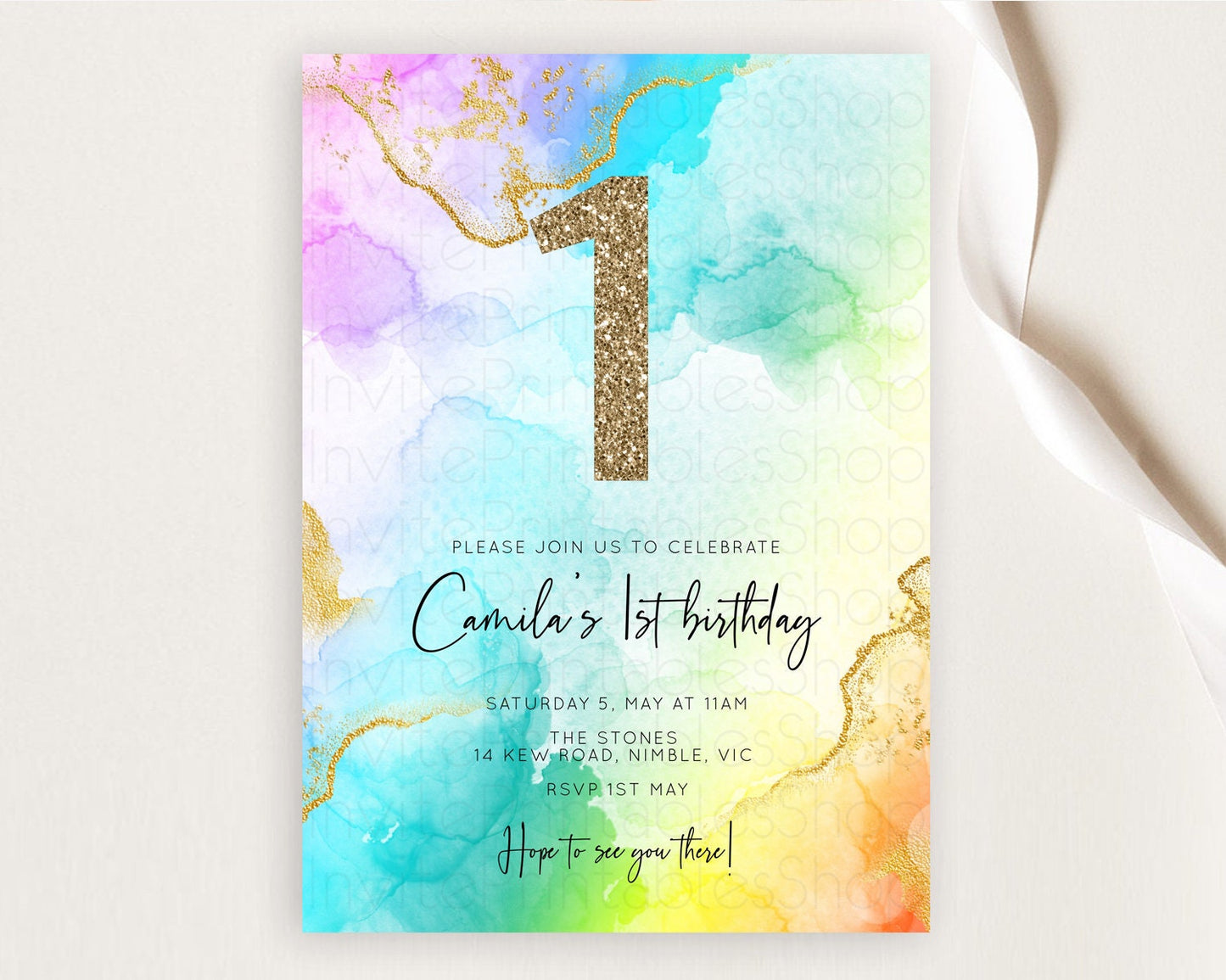 Rainbow Birthday Invitation Colorful Pastel Watercolor Invitation Gold Glitter Sprinkles Ombre Pastel 1st 2nd 3rd Birthday D10390