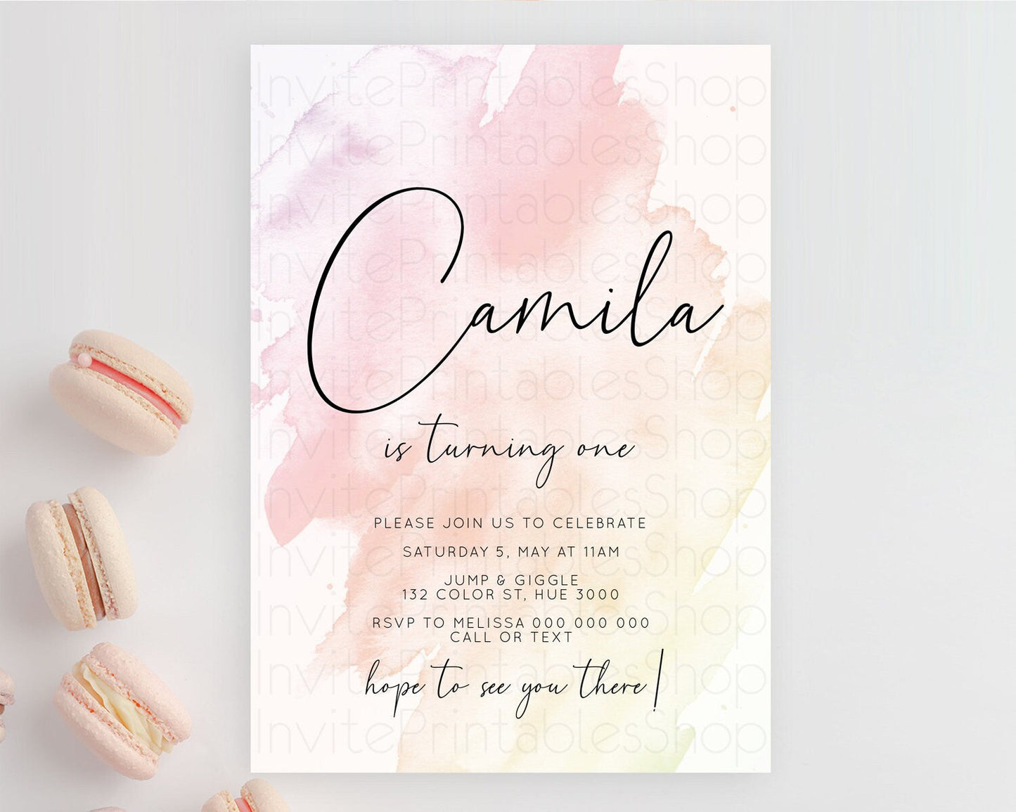 Pink Birthday Invitation pink Watercolor Invitation Pastel pink Watercolor Invitation pink Splash Gold Invitation 1st First Birthday D10164