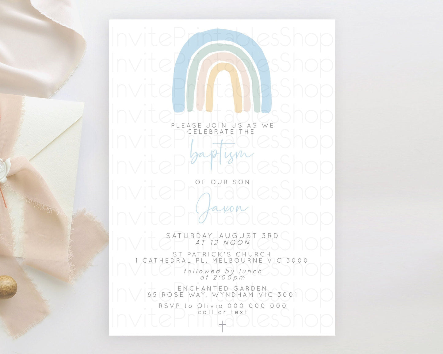 Pastel Rainbow Baptism Invitation Boho Rainbow Baptism 1st Birthday Invitation Rainbow Pastel Watercolor Christening Invitation D10200
